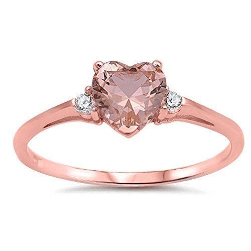 Rose Gold Plated Morganite Cubic Zirconia Heart .925 Sterling Silver Ring  - Picture 1 of 2