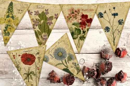 Vintage Style Summer Floral Botanical Bunting/Banner with Organza Ribbon - 3m