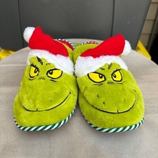 Dr. Seuss Grinch in Christmas Santa Hat Green Men Slippers Size XL 13 / 14 NEW