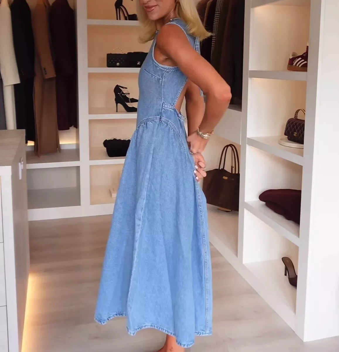 slim fit dress slacks Blue Denim Midi Dress with Godet Skirt ODE main image 1