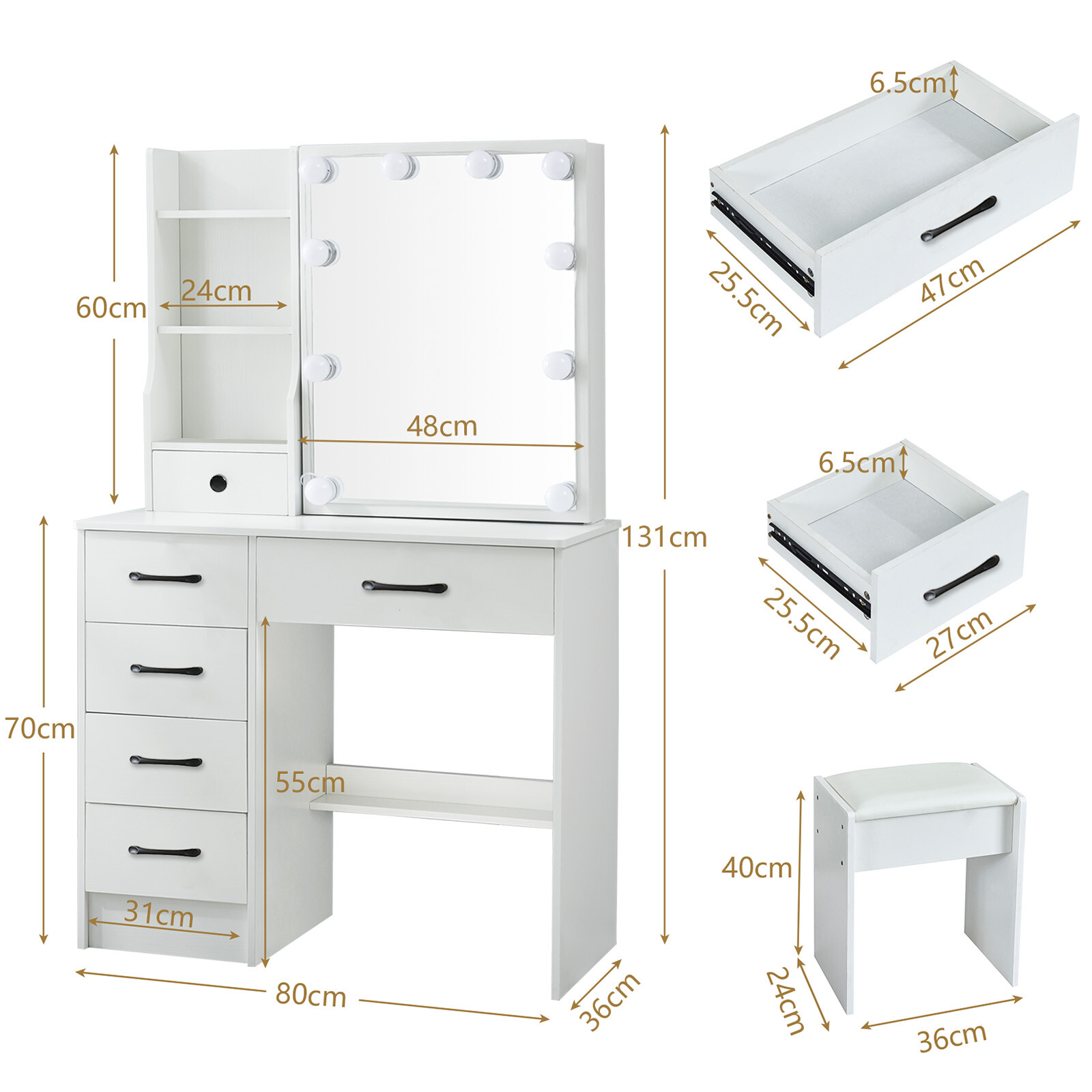 Vanity Desk with Mirror and 10 LED Lights, Dressing Table with 6 Drawers, White