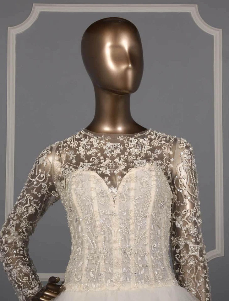 KENNETH POOL Carmen Beaded Sheer Long Sleeves Wedding Dress Ivory Tulle Ballgown - Image 3 of 4