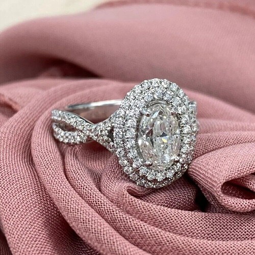 3CTW Oval Cut VVS1 Moissanite Double Halo Wedding Ring 14k White Gold Plated - Picture 4 of 10