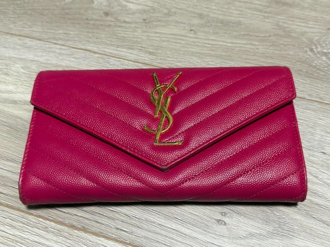 Saint Laurent Long Wallet Large Flap Pink Leather Vstitch