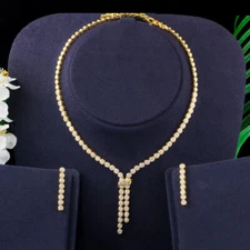 Nigerian Gold Plated CZ Bridal Dangle Drop Earrings Necklace Wedding Jewelry Set