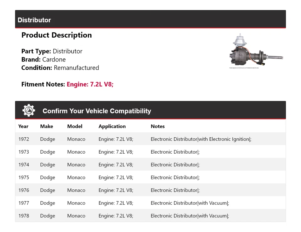 Para Dodge Monaco 1972-1978 7,2 L V8 distribuidor Cardone 1973 1974 1975 1976 1977 Foto 2 de 4