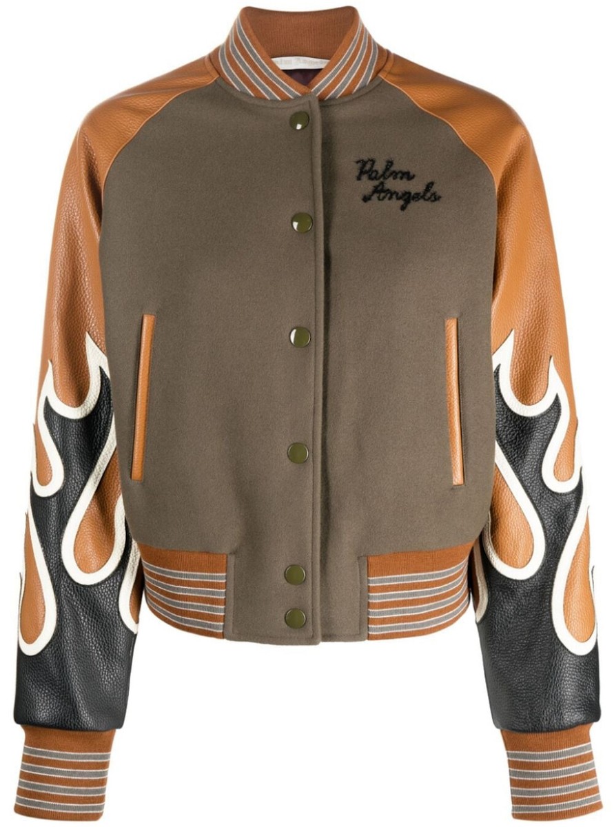 PALM ANGELS BURNING FLAME LEATHER/WOOL VARSITY WOMEN JACKET - Main Image