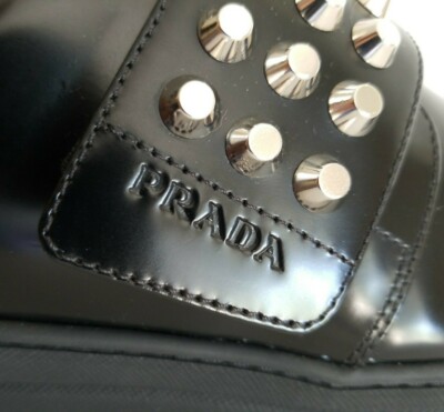 PRADA ICONIC BLACK LOGO SHINY LEATHER SILVER STUDS SNEAKERS EU 41 I LOVE SHOES