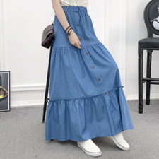 Lady Denim Skirt Long A-line Elastic Waist Pleated Solid Tiered Casual Loose New