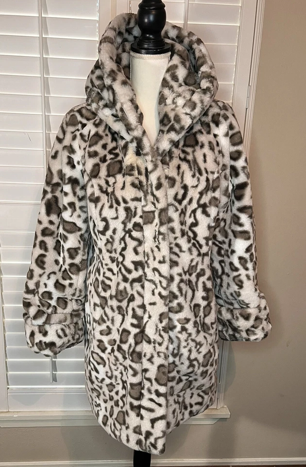 Abrigo acolchado Dennis Basso reversible de piel sintética lince de nieve talla S capucha estampado animal Foto 2 de 4