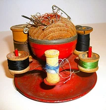 Antique Thread Spool Holder & Pincushion Spinning Sewing Stand c. 1900 As Found
