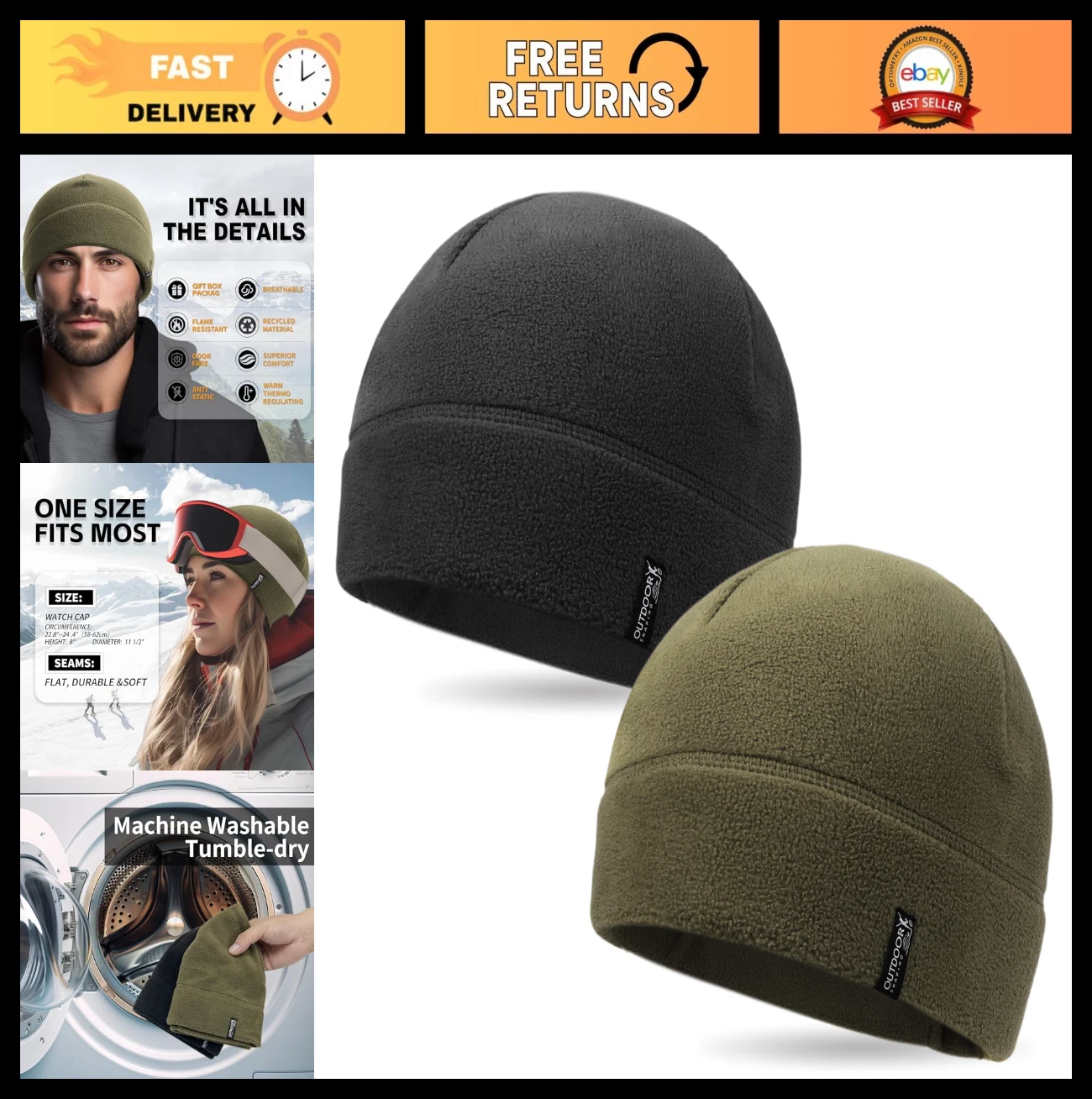 2 Pack Tactical Fleece Beanie - Warm Winter Watch Cap for Men & Women, Gift Idea