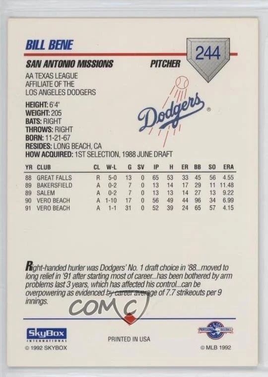 1992 SkyBox Pre-Rookie AA Packs Bill Bene #244 - Image 2 of 2