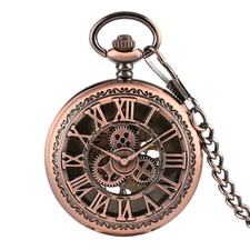 Bronze Hand Wind Mechanical Pocket Watch for Men Gear Case Pendant Chain Gift