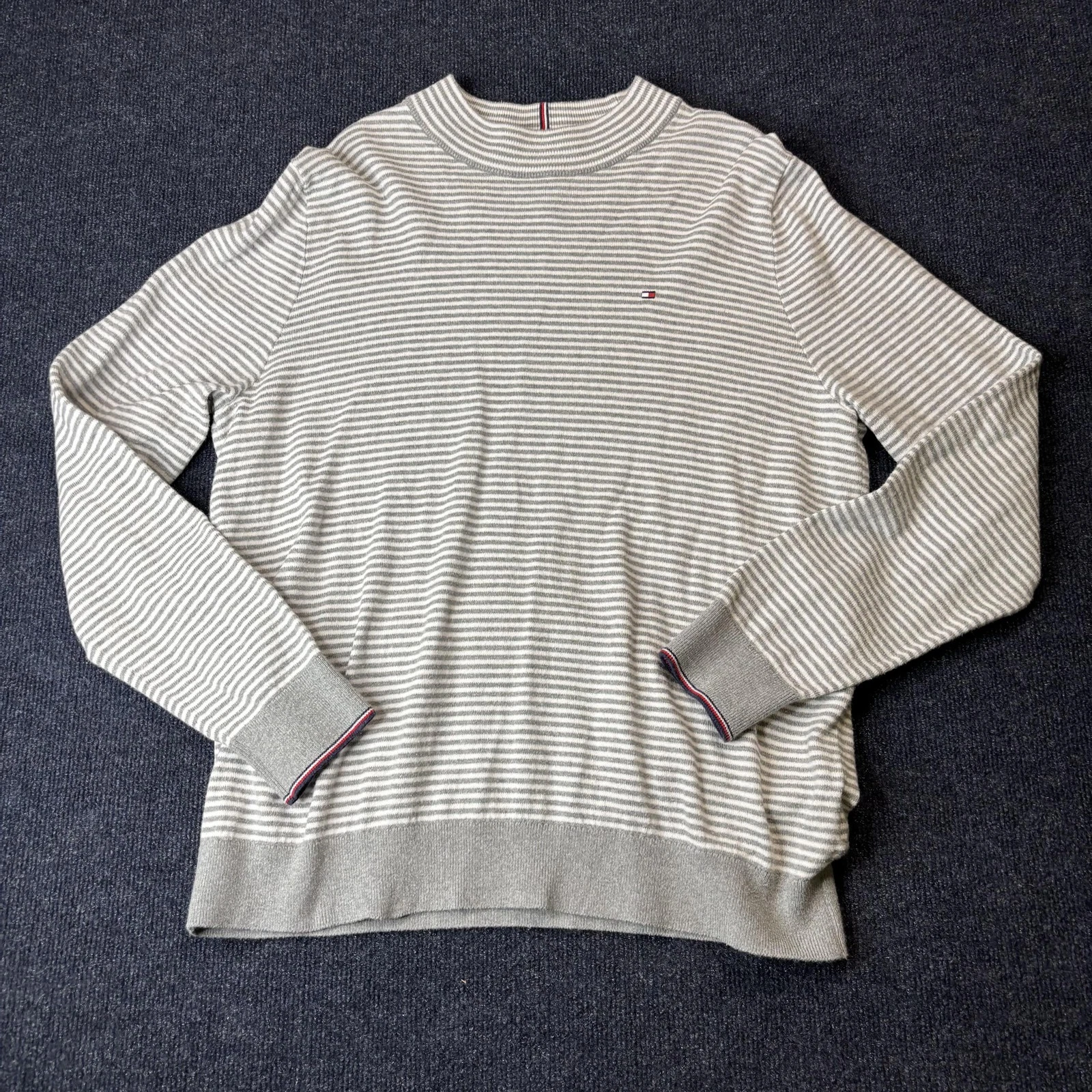 Tommy Hilfiger Sweater Mens XL Gray Striped Pima Cotton Cashmere Crewneck Knit