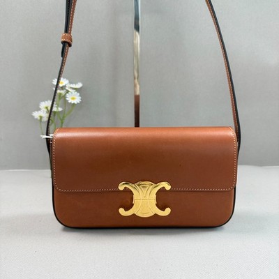 Celine Triomphe Top Handle Shoulder Bag Dark Brown Smooth Leather Gold Hardware