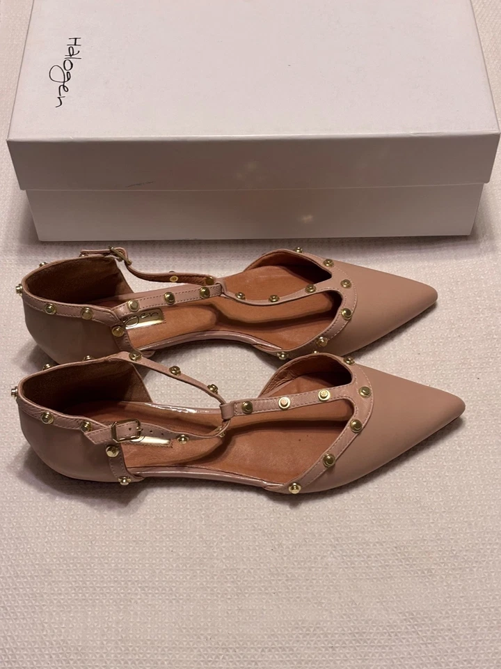 Halogen Haolson-Lea Nude Leather Ballet Flats 7.5 Side Buckles Gold Tone Accents - Image 2 of 4