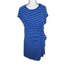 Dip Striped T-Shirt Dress Womens L Blue White Organic Cotton Side Tie Cap Sleeve