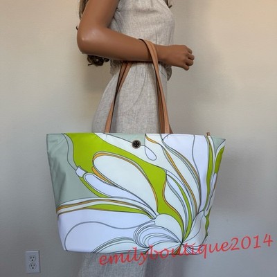 NWT Tory Burch 170266 Ella Nylon Printed Tote Zip Bag Chartreuse