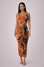 Blue S Womens Small Orange Tie Dye Sleeveless Midi Dress Tie Front Tank Soft