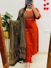 Pakistanis Heavy Cotton Top Kurta Set Indian Women Ethnic Kurti Pant Dupatta Set