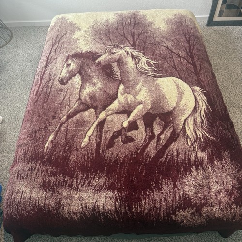 Vintage San Marcos Wild Horses Blanket Reversible Two Tone Burgundy Tan 85x55