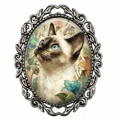 Vintage Image Siamese Cat Brooch   Oval Glass Dome in Antique Silver Setting