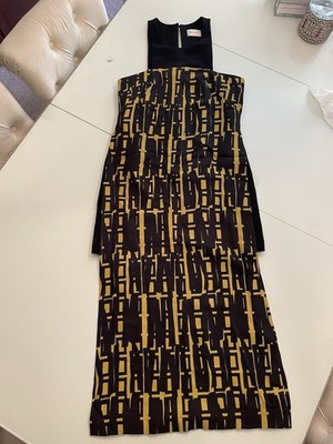MILLY Black Yellow Beige Geometric Layered Sleeveless Maxi Dress S Women