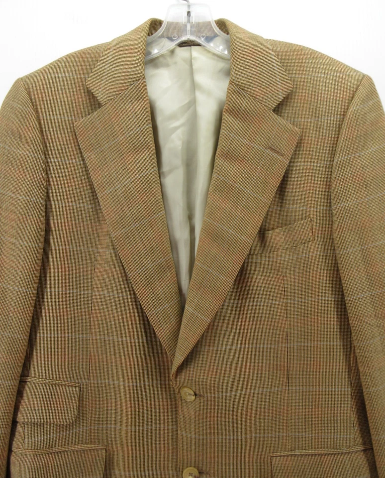 VINTAGE Paul Stuart Sport Coat Men 39 Brown Blazer Wool Silk Windowpane Jacket * - Image 2 of 4