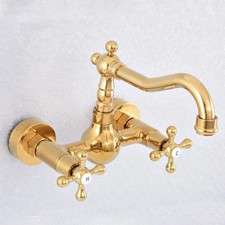Polished Brass Wall-Mounted Dual-Handle Faucet with Swivel Spout, 2-Hole Install