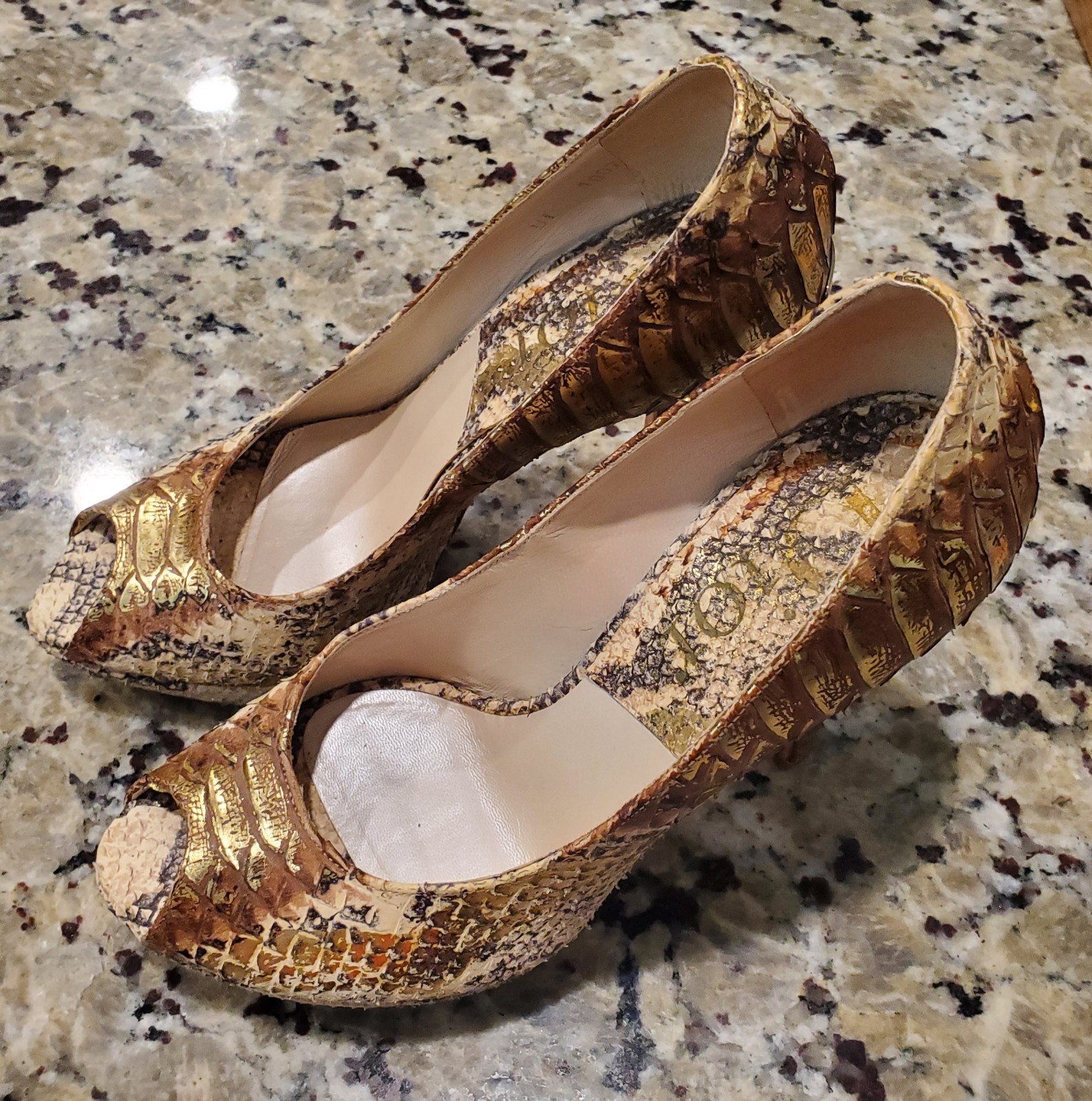 Dior Gold Beige Python Snakeskin Platform Peep To… - image 3