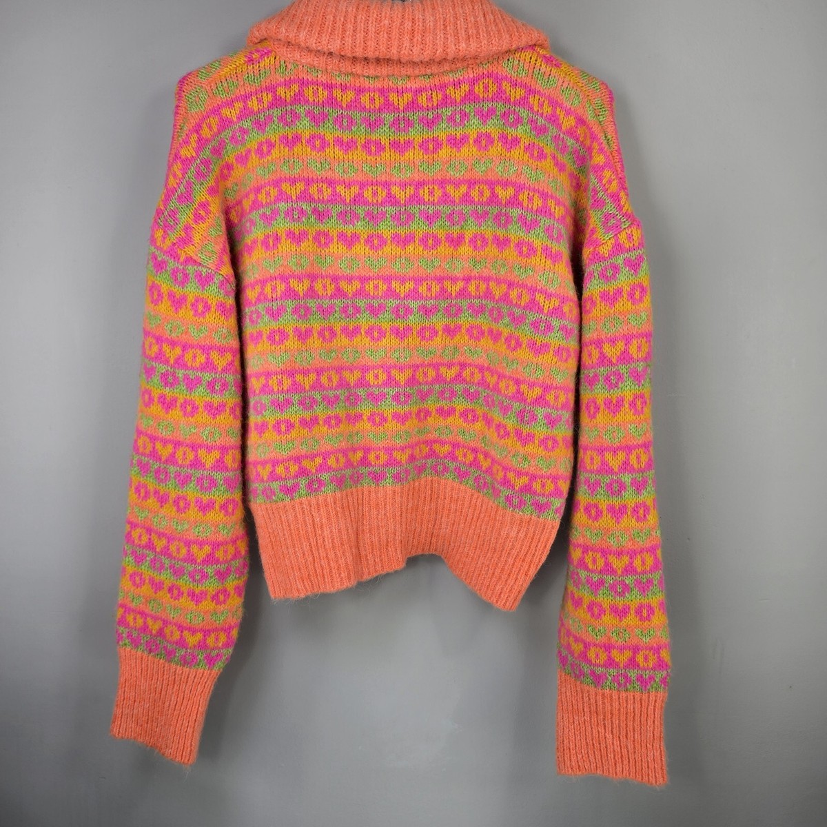 Zara Half Zip Cropped Chunky Sweater Heart Neon Orange Pink