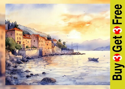 Seaside Village Glow 5''x7'' Print on Matte Paper | Peaceful Coastal Watercolor