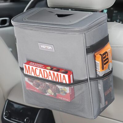 Car Trash Can with Lid, Leak-Proof, Storage Pockets, 3 Gallon Organizer   Grey