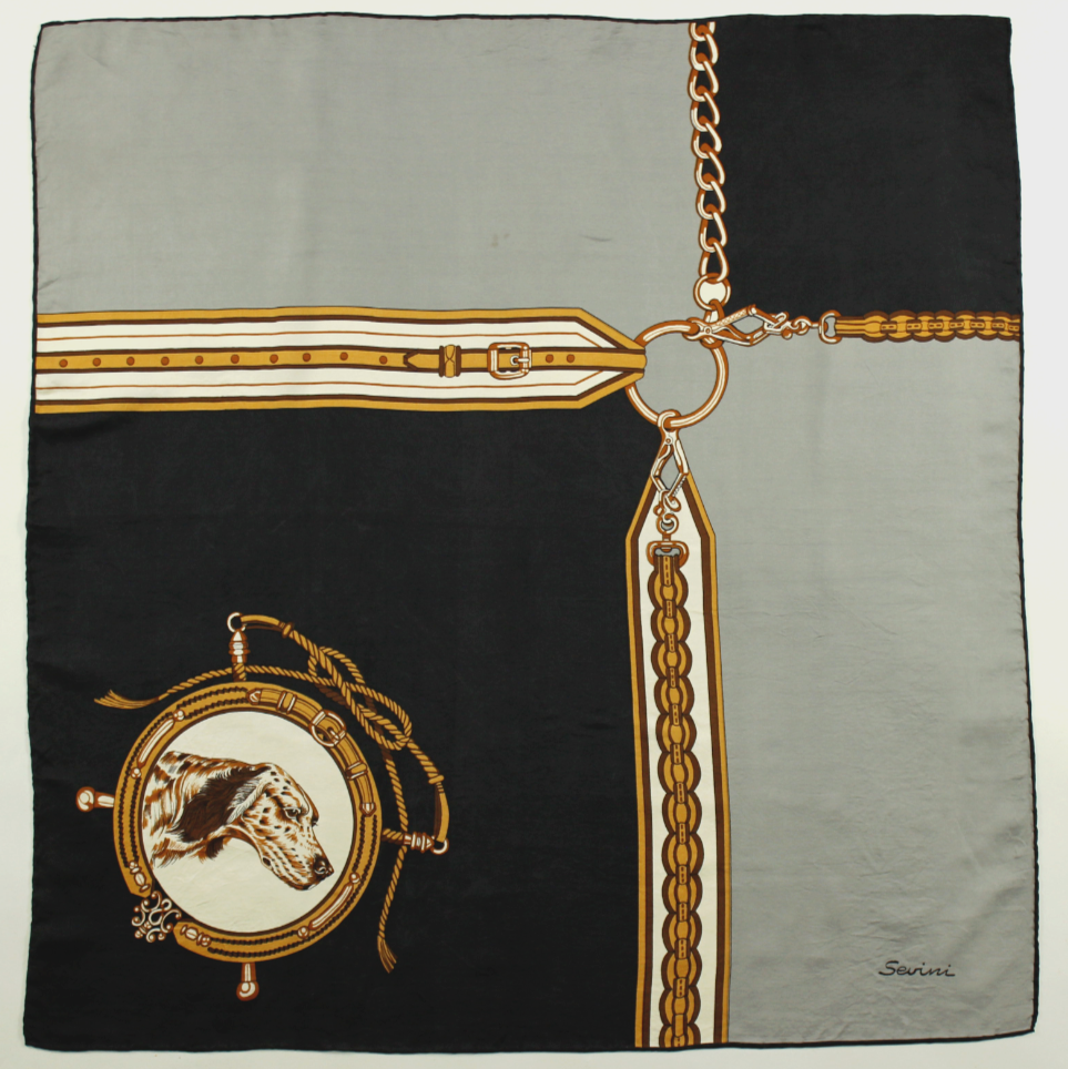 Foulard Carré Vintage En Soie 100% Sevini - Imprimé Animal (chien), Léger Et Multifonction