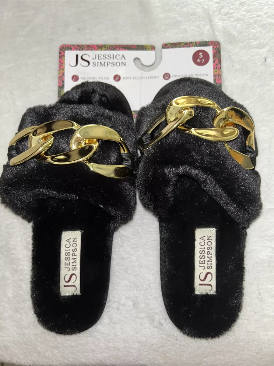 Jessica Simpson Black Faux Fur Slide Slippers with Gold Chain