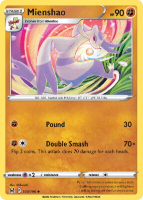 Mienshao 104/196 Uncommon Lost Origin Pokemon TCG NM | eBay Mienshao 104/196 Uncommon Lost Origin Pokemon TCG NM | eBay