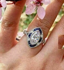 2.60Ct Art Deco Style Lab-Created Diamond  Sapphire Engagement Ring 925 Silver