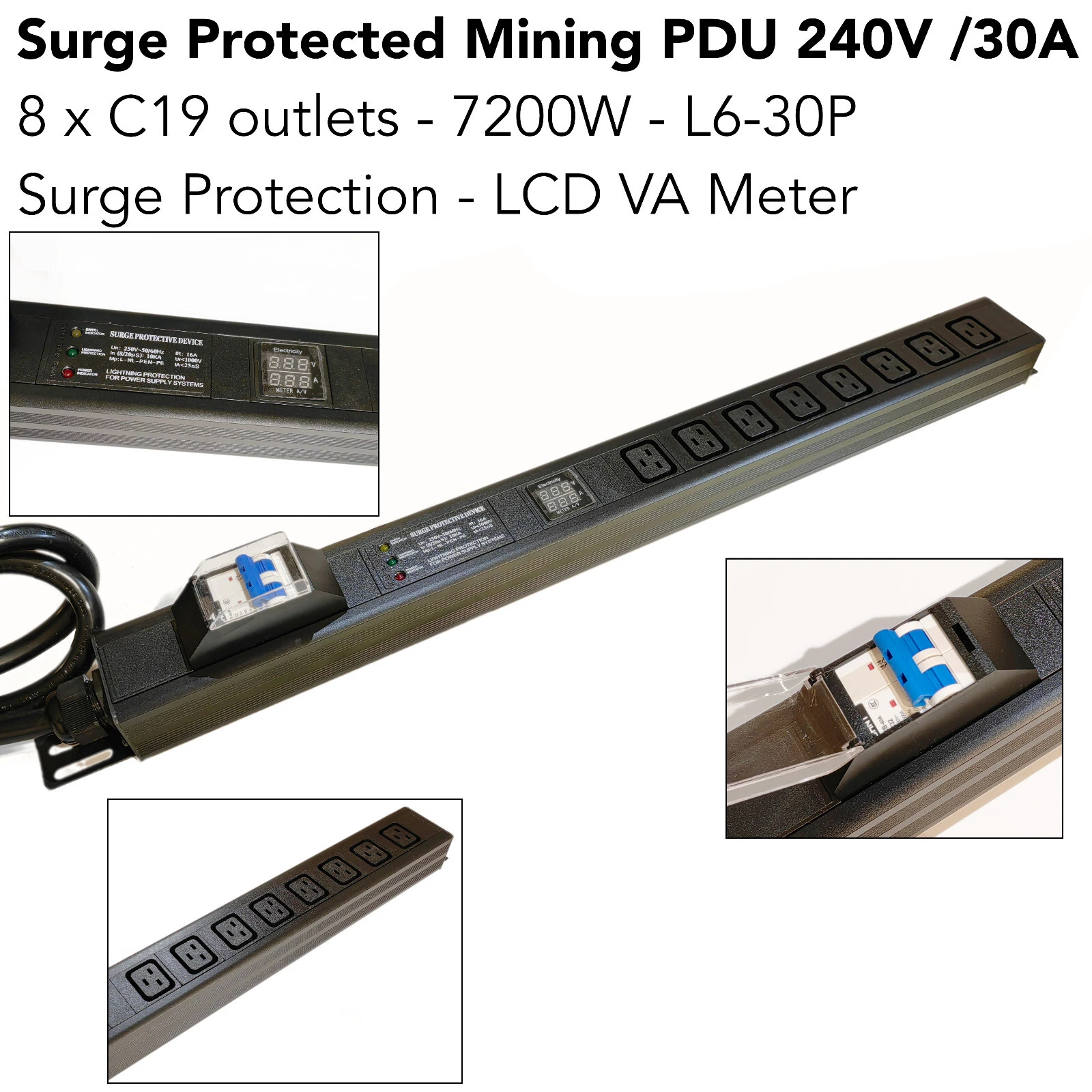 2 pole MCB Surge Protected PDU 240V 30A L6-30P 8 x C19