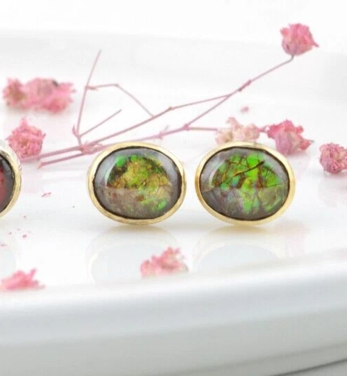 Llamativos aretes ovalados de piedras preciosas de ammolita verde chapados en oro 925 joyas Foto 2 de 3