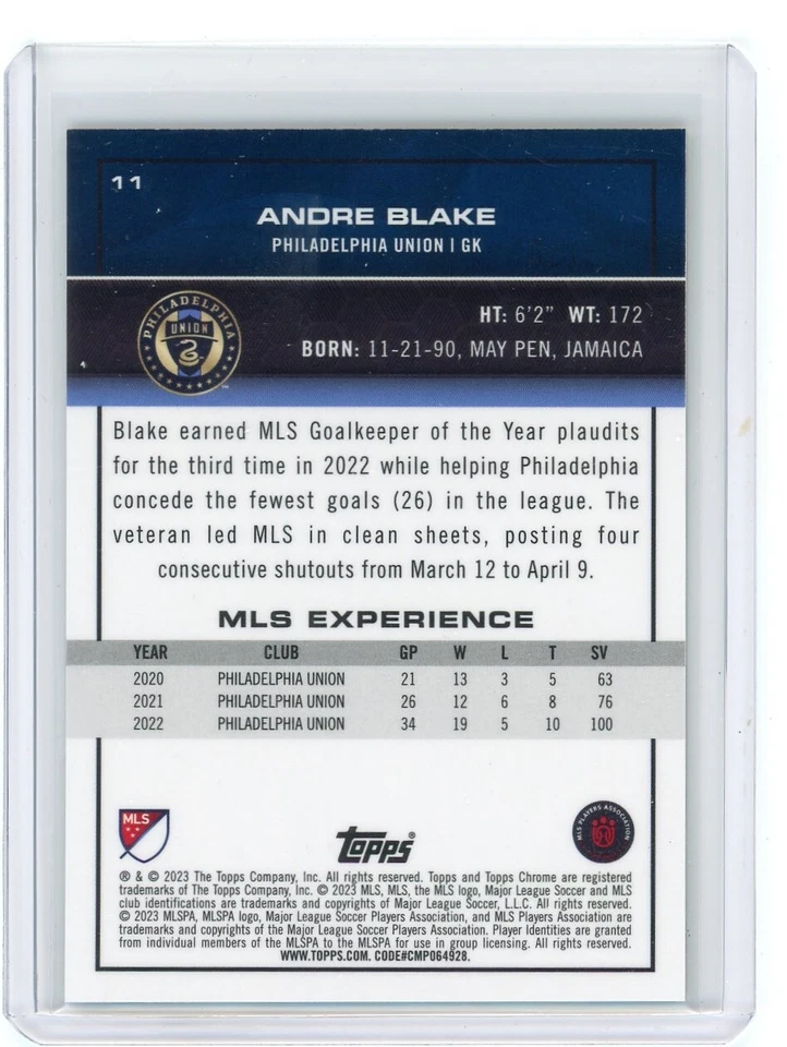 Andre Blake 2023 Topps Chrome MLS gold mini diamond refractor #'d 05/50 - Image 2 of 4