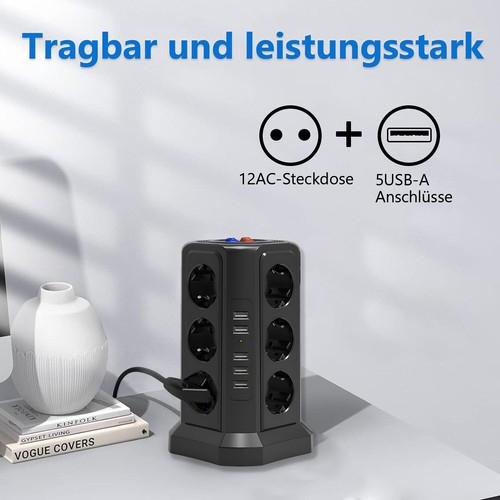 12 Fach Mehrfachsteckdose Mit 5USB Steckdosenturm Schalter für Zuhause Büro 2M - Bild 26 von 32