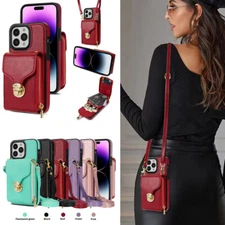 Lanyard Leather Wallet Card Bag Case Crossbody For iPhone 16E 15 14 13 12 11 X 7
