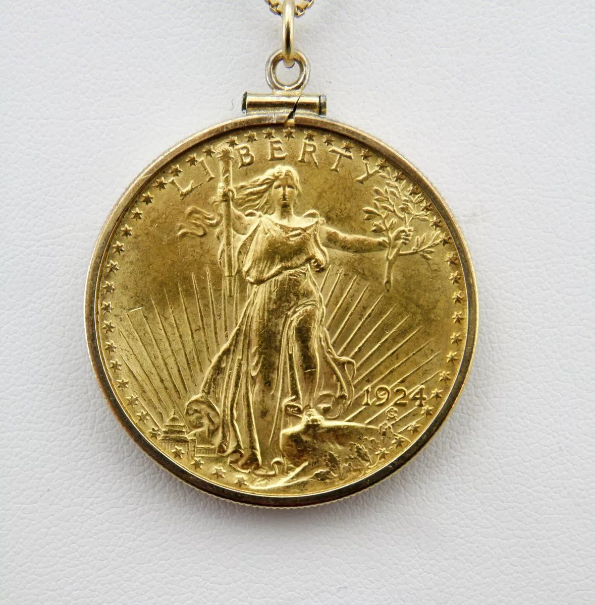 1924 20 Saint Gaudens Gold Double Eagle Coin Pendant 10K Yellow