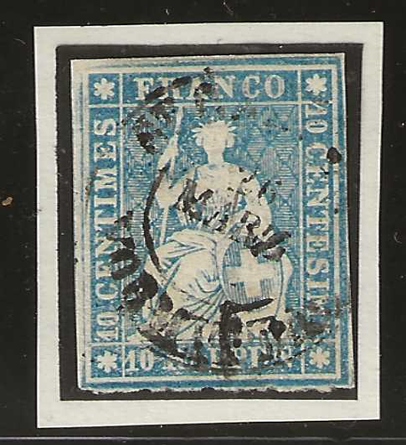 Switzerland Scott #26 used 10r Milky Blue w/red thread 1855, nice cancel f/vf - Picture 1 of 2