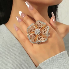 Adjustable Hollow Flower Ring for Women Vintage Style Rhinestone Scarf Jewelry