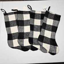 LOT OF 4 - PLAID CHRISTMAS STOCKING Black Grey Buffalo Print - Flannel Set - NEW