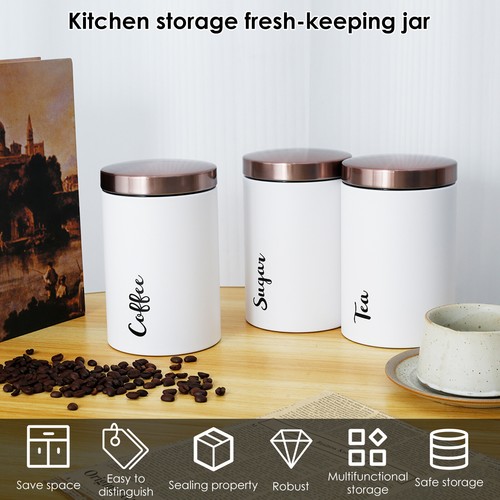 3 Pcs Coffee Tea Sugar Container Set Airtight Metal Kitchen Canisters‰