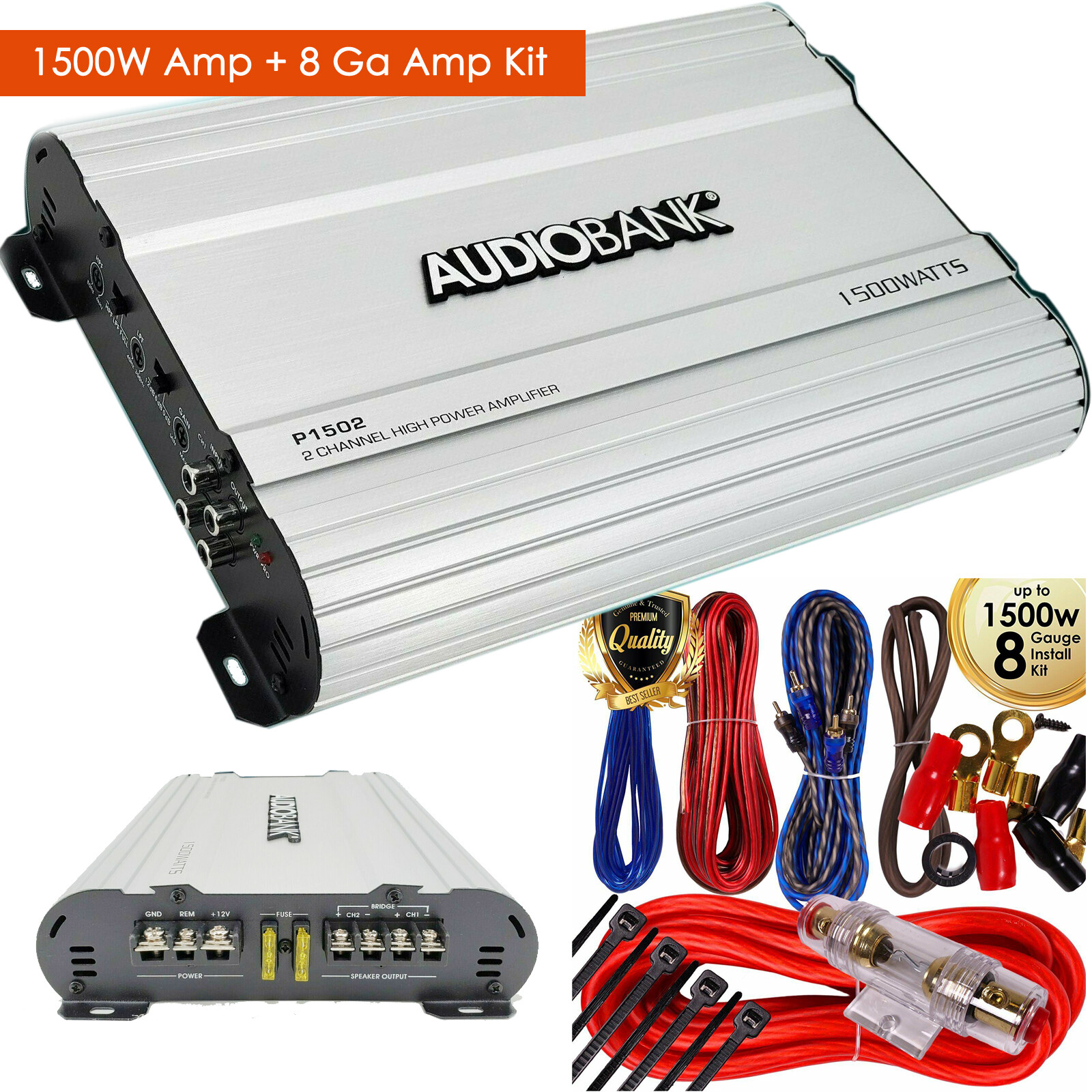 Audiobank 2 Channels 1500W Bridgedable Car Audio Stereo Amplifier + 8