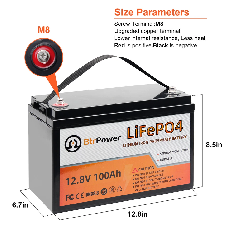 Batería de litio BtrPower 12V LiFePO4 50Ah 100Ah 140Ah 200Ah para RV Marina Solar Foto 4 de 4